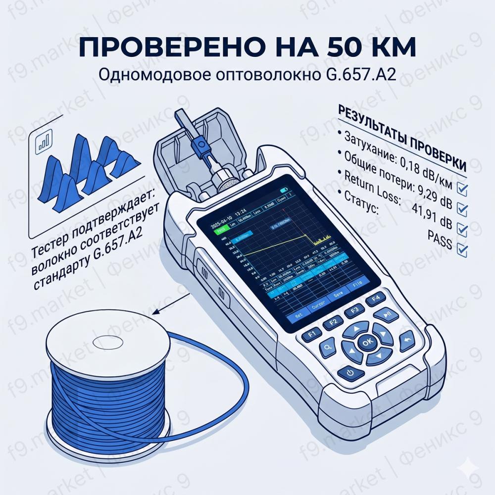 Одномодовое оптоволокно G.657.A2: затухание 0.18 dB/км, радиус изгиба 7.5 мм, диаметр 0.25 мм,  50 км